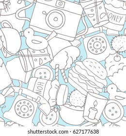 A seamless pattern with vintage things on light blue background. Hand drawn vector illustration. Retro theme
