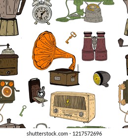 Seamless pattern with vintage things of the past. Endless color texture in graphic style for your design and printing.