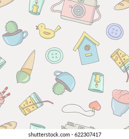 A seamless pattern with vintage things in pastel colors. Pink camera, candle, bread, button, cactus, toy duck, heart, pistachio ice cream, dessert, starling house and cocktail