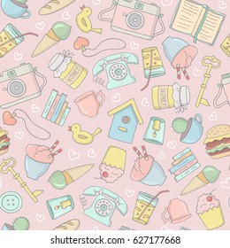 A seamless pattern with vintage things in pastel colors on pink background. Hand drawn vector illustration. Retro theme