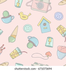 A seamless pattern with vintage things in pastel colors. Different objects on a light rose background