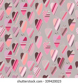 Seamless pattern with  vintage tilda hearts. Endless texture for design, announcements, postcards, posters.