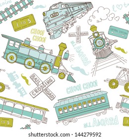 Seamless pattern vintage trains and railroad doodles