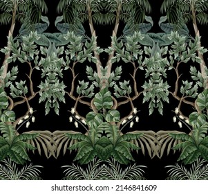 Seamless pattern with vintage trees and palms, plants. Vector