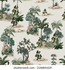 Seamless pattern with vintage trees and palms, plants. Vector