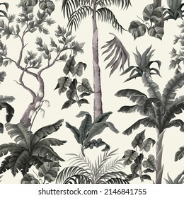 Seamless pattern with vintage trees and palms, plants. Vector