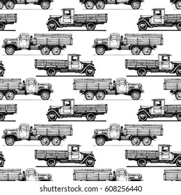 Seamless Pattern With Vintage Truck. Vector  Illustration In Old Fashioned Hand Drawn Style On White Background.