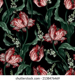 Seamless pattern with vintage tulips. Classic vector wallpaper