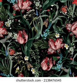 Seamless pattern with vintage tulips. Classic vector wallpaper - Shutterstock ID 2138476545