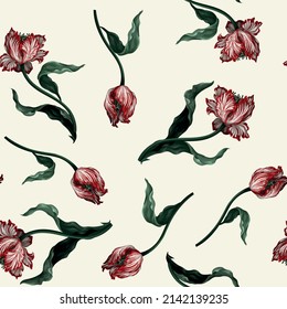 Seamless pattern with vintage tulips. Classic vector wallpaper