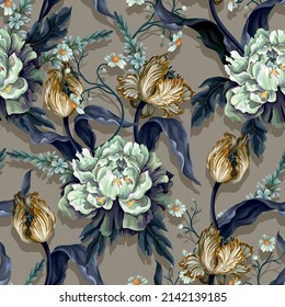 Seamless pattern with vintage tulips and peonies. Classic vector wallpaper