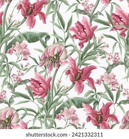 Seamless pattern with vintage tulips. Vector