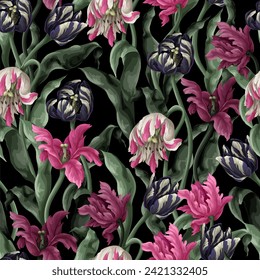 Patrón sin foco con tulipanes vintage. Vector