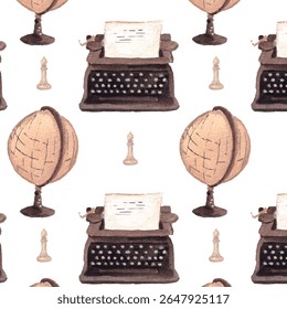 Seamless Pattern of Vintage Typewriter, Globe, and Chess Piece – Watercolor Illustration for Learning and Exploration