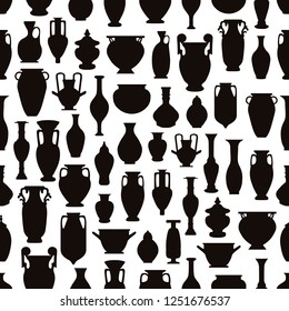 Seamless pattern of vintage vases and amphora jugs Greek Asian Arabic-vector illustration. Black silhouette on white background.