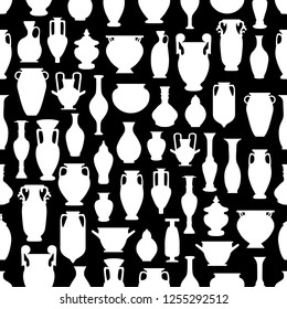 Seamless pattern of vintage vases and amphora jugs Greek Asian Arabic-vector illustration. White silhouette on black background.