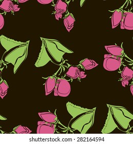 Seamless pattern with vintage vector bud apple isolated on black background. Spring tree twig sketch set