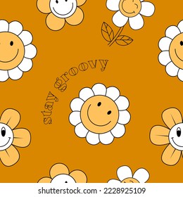 patrón ininterrumpido con flores vectoriales vintage groovy. elementos modernos. siluetas de flores estilizadas sobre un fondo amarillo. diseño superficial, textil, papelería, papel envolvente y cubiertas