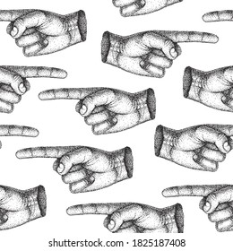 Ilustración vectorial de patrón sin brillo de un gesto de dedo señalador dibujado a mano que muestra la dirección. plantilla en blanco y negro para tatuajes, afiches, impresiones o camisetas de estilo retro. gráficos de puntos.