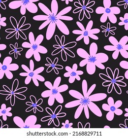 seamless pattern with vintage vector large hippie-style flowers. stylized silhouettes of flowers on a dark background. surface design, textiles, stationery, wrapping paper and covers
