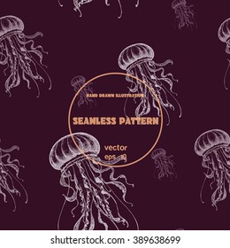 Seamless pattern. Vintage vector sketch of jellyfish. Hand drawn illustration. Sealife collection.