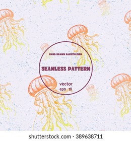 Seamless pattern. Vintage vector sketch of jellyfish. Hand drawn illustration. Sealife collection.