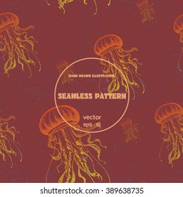 Seamless pattern. Vintage vector sketch of jellyfish. Hand drawn illustration. Sealife collection.