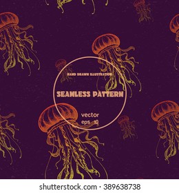 Seamless pattern. Vintage vector sketch of jellyfish. Hand drawn illustration. Sealife collection.