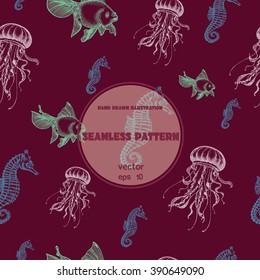 Seamless pattern. Vintage vector sketch of jellyfish, goldfish and seahorse. Hand drawn illustration. Sea life collection.