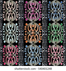 Seamless pattern with vintage vertical strips border and antique decorative medieval  3d colorful ornaments.Elegant wallpaper. Vector luxury texture.