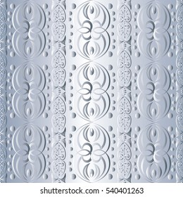 Seamless pattern with vintage vertical strips border and antique decorative medieval 3d abstract ornaments.Elegant floral ornamental wallpaper. Vector luxury texture. Light white ornate  background.