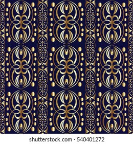 Seamless pattern with vintage vertical strips border and antique decorative medieval  gold 3d ornaments.Elegant floral ornamental wallpaper. Vector luxury texture. Dark blue  ornate  background.