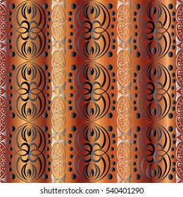 Seamless pattern with vintage vertical strips border and antique decorative medieval  3d abstract ornaments.Elegant floral wallpaper. Vector luxury texture. Orange drapery ornate  background.