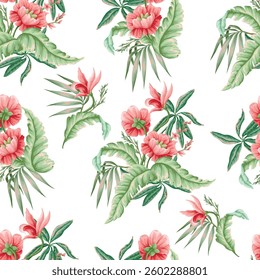 Seamless pattern with vintage Victorian flowers and tropical leaves and branches. Vector