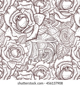 Seamless pattern of vintage white roses, brown contour