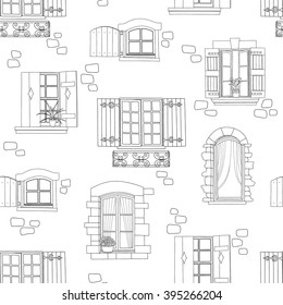 Seamless pattern with vintage windows and flowers.