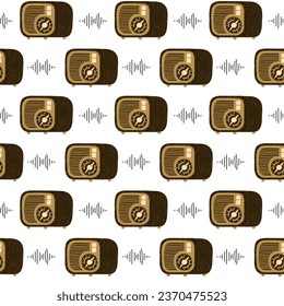Seamless pattern with vintage wooden radio receiver. Retro technique. Can be used for fabric, textile, clothing, wallpapers or scrap booking. Hand-drawn doodle illustration.