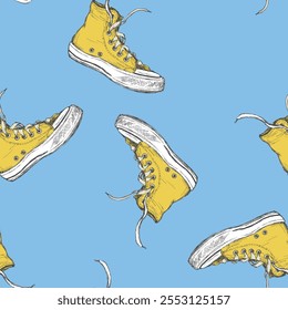 Padrão perfeito com tênis amarelo vintage, fundo desenhado à mão ou textura. Sapatos de esporte, modelo de papel de parede. ilustração vetorial