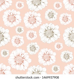 Seamless pattern vintage Zinnia flowers pastel color abstract background.Vector illustration line art.