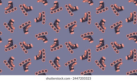 Seamless pattern of vintage-style roller skates in coral and black on a lavender background, capturing a fun retro vibe for apparel and accessories