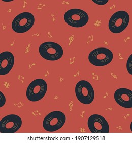 Seamless pattern with vinyl, notes or sheet music on red background. Music Day. Vector musical instrument set. Doodle elements.