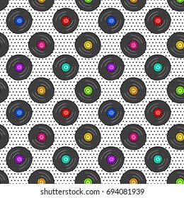 Seamless pattern with vinyl record on dotted texture. Vector cartoon 80s - 90s comic style.