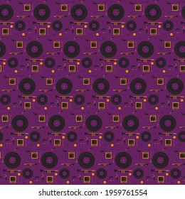 Seamless pattern with vinyl record and trumpet. Texture with musical equipment in cartoon style.