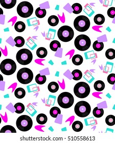 Seamless pattern with vinyl records and geometric shapes, in the naive style of the 1950s. Vintage retro print for background, wallpaper, poster, fabric, web, vector EPS 8