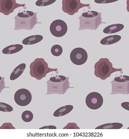 Seamless pattern with vinyl records and gramophone on a lilac background. For decorating textiles, packaging and wallpaper. Vector illustration.