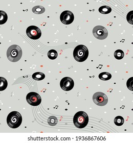 Seamless pattern of vinyl records, music notes and stave. Elements of the pattern are separated from the background.