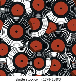 Seamless pattern in vinyl records of white, red and black colors. Textiles, covers, background, wallpaper, wrapping paper, case ...
