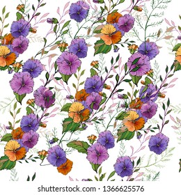 Seamless pattern with viola and green leaves.