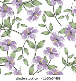 Seamless pattern violet blossom and green leaf on white background.