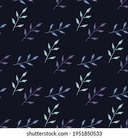 Seamless pattern with violet and blue branches on dark blue background. Vector image. 